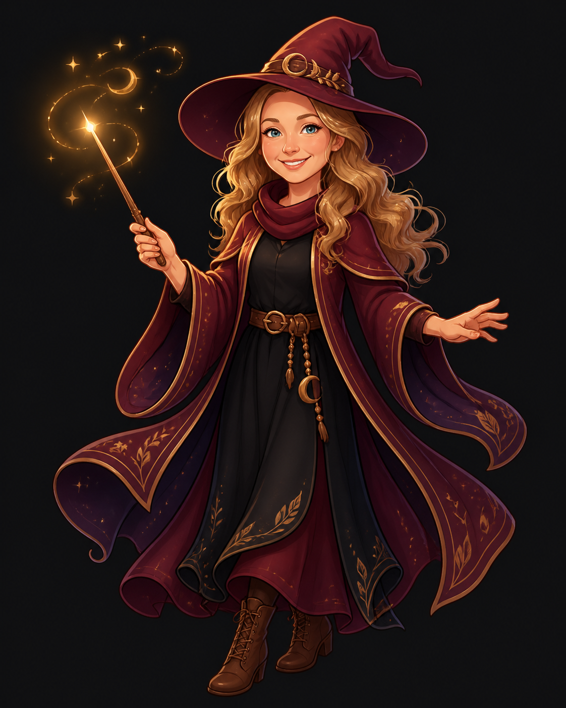 Morgan-inspired light brown haired cartoon witch casting campaign spells